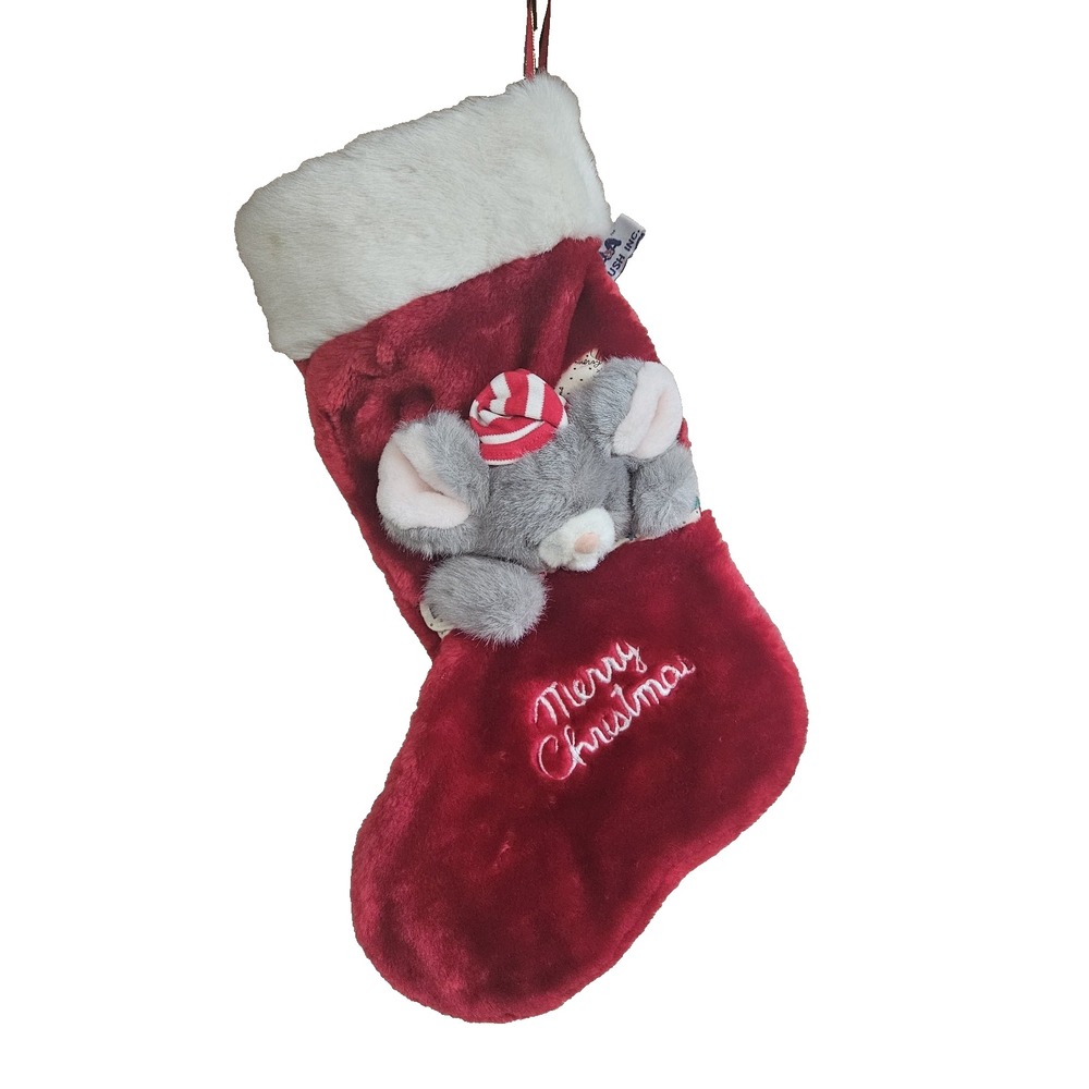 Vintage 3D Red Christmas Stocking Gray Mouse 1992 A&A Plush